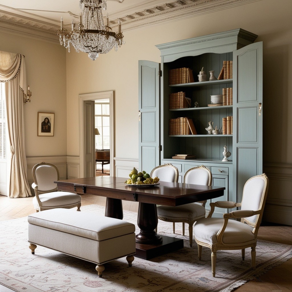 Modern interior with vintage furniture and open shelving