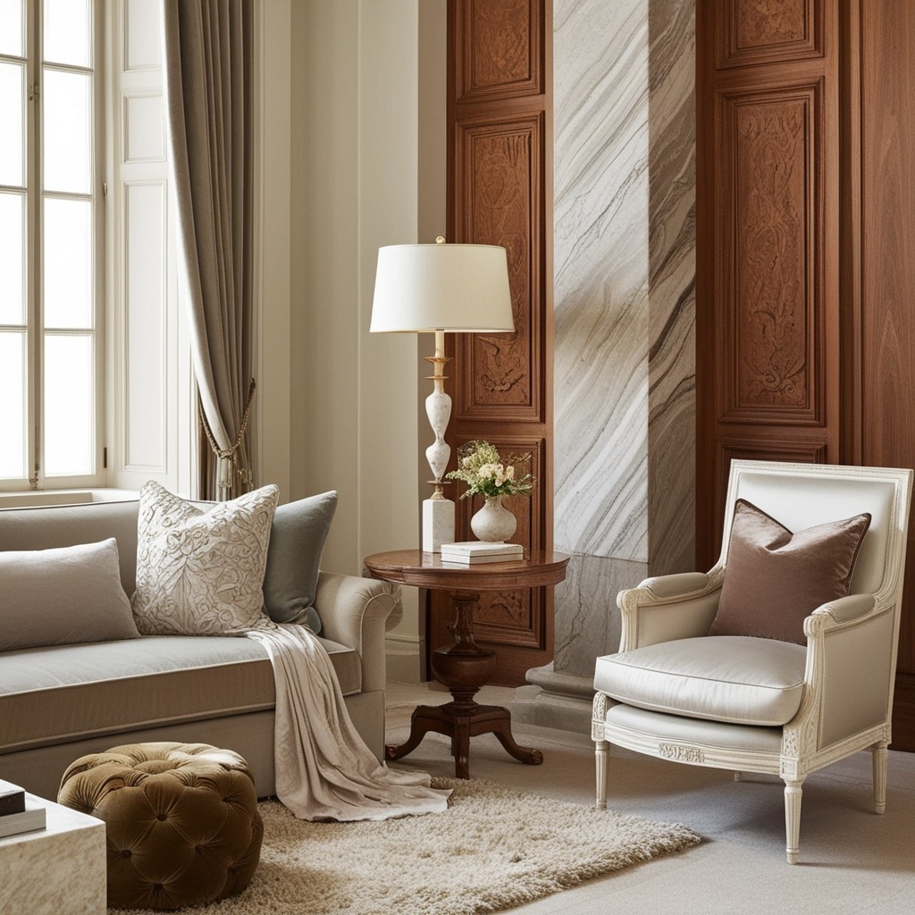 Modern interior with plush seating and patterned rug